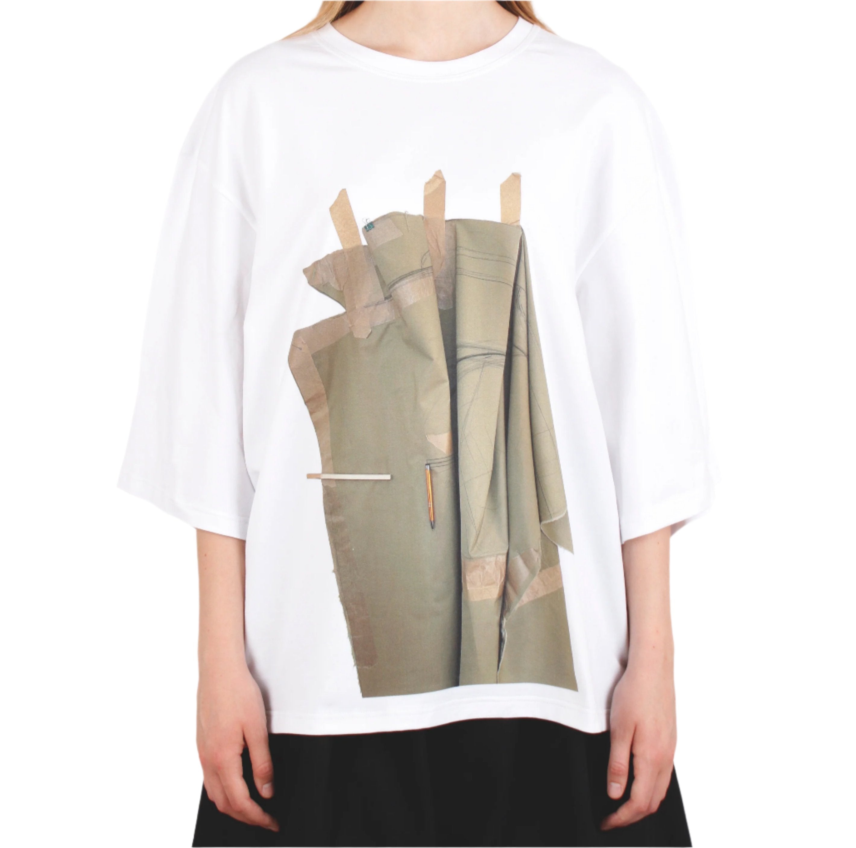 "A Silk Lining with a Seam Undone” white T-shirt