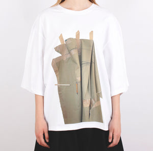 "A Silk Lining with a Seam Undone” white T-shirt