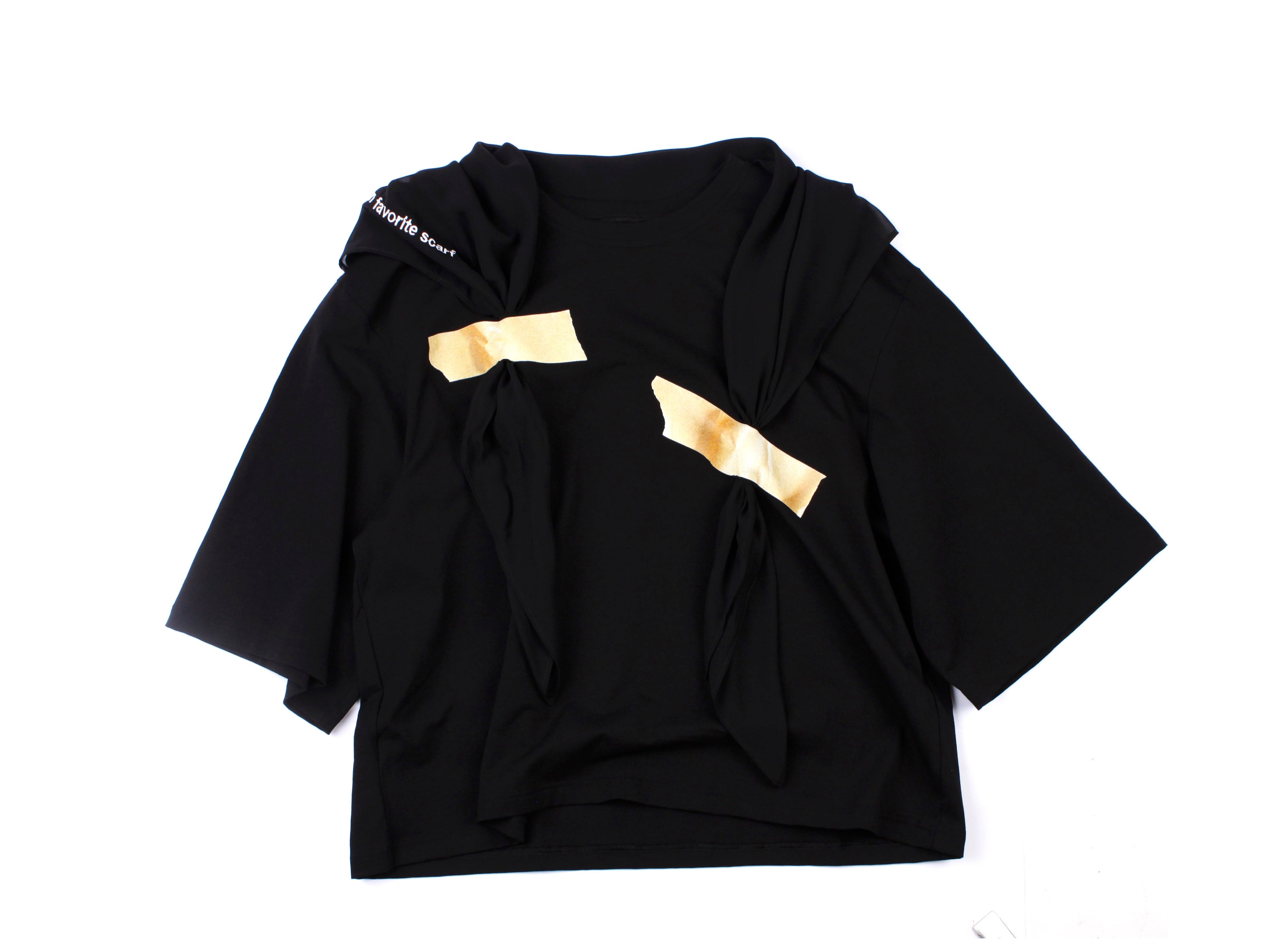 Black t-shirt with a taped black scarf