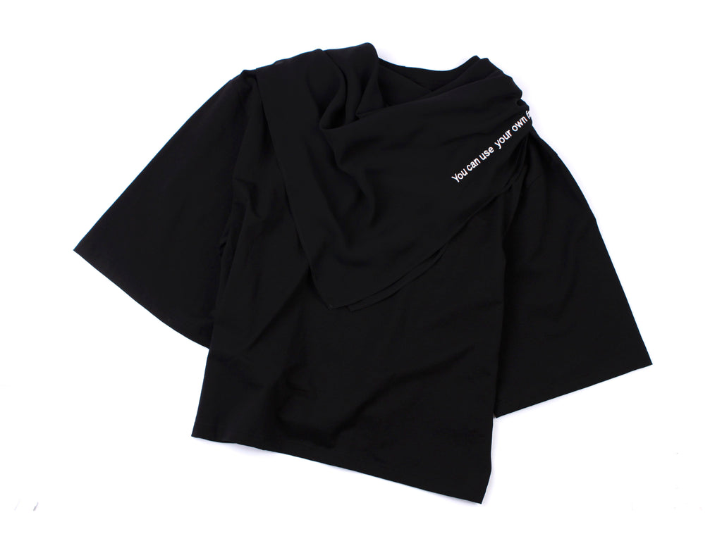 Black t-shirt with a taped black scarf