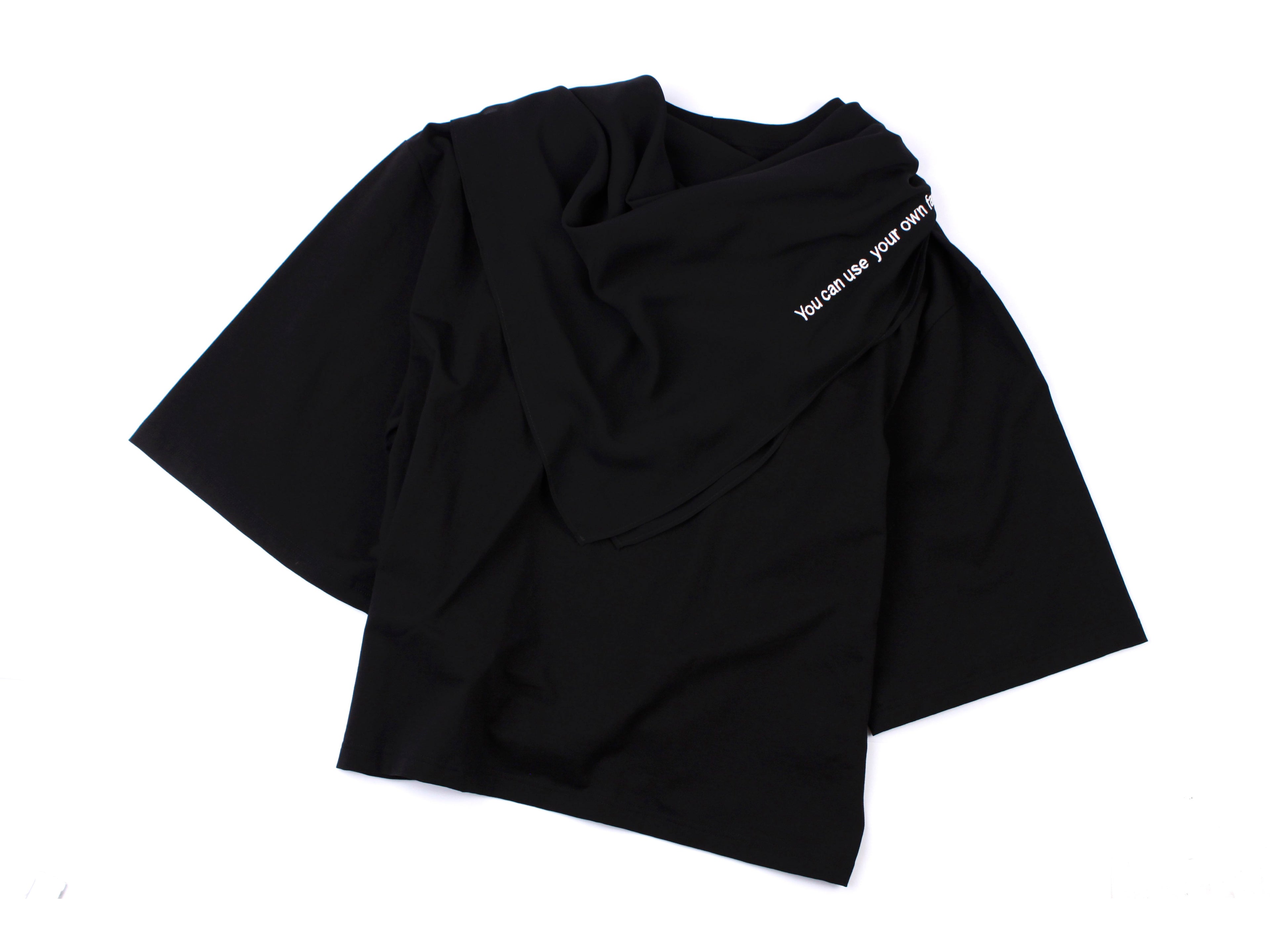 Black t-shirt with a taped black scarf