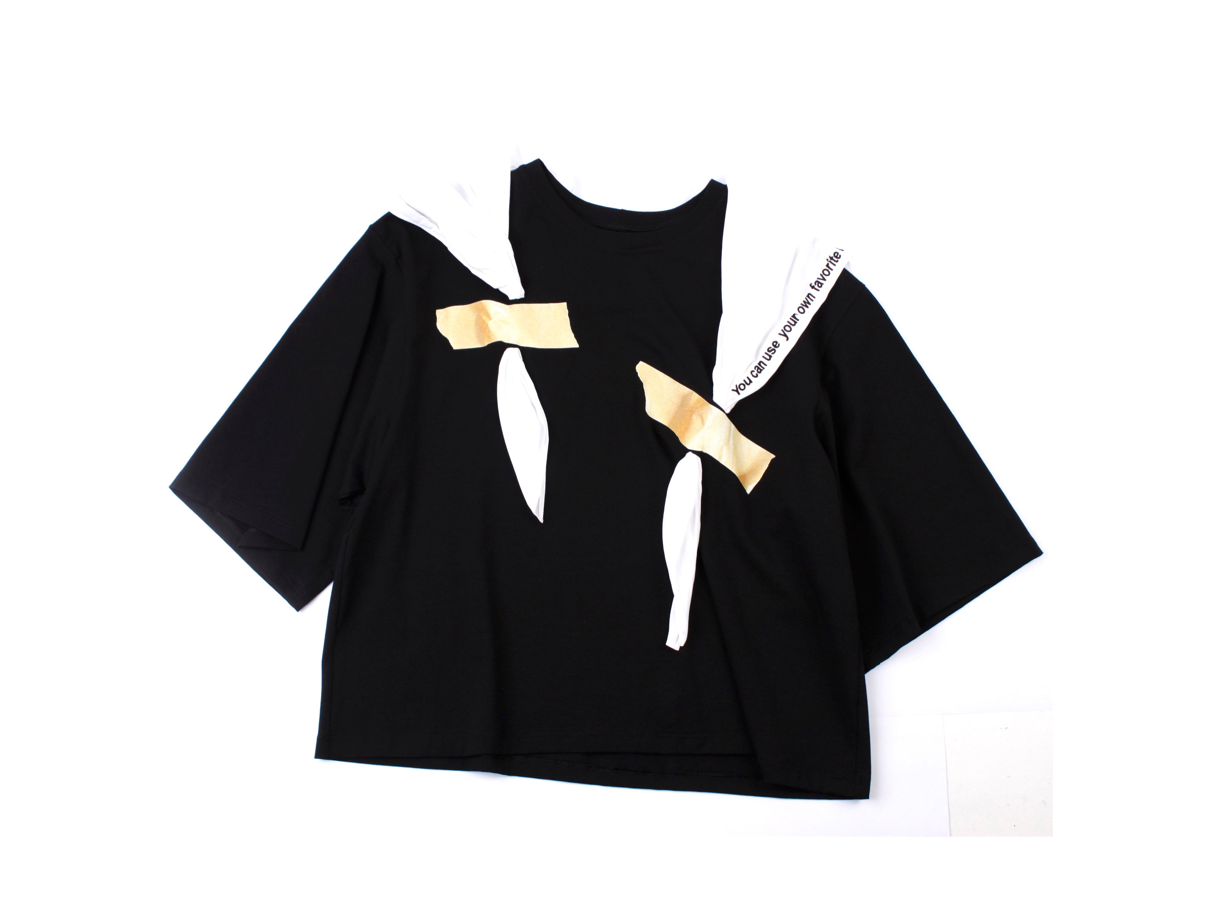 Black t-shirt with a taped white scarf