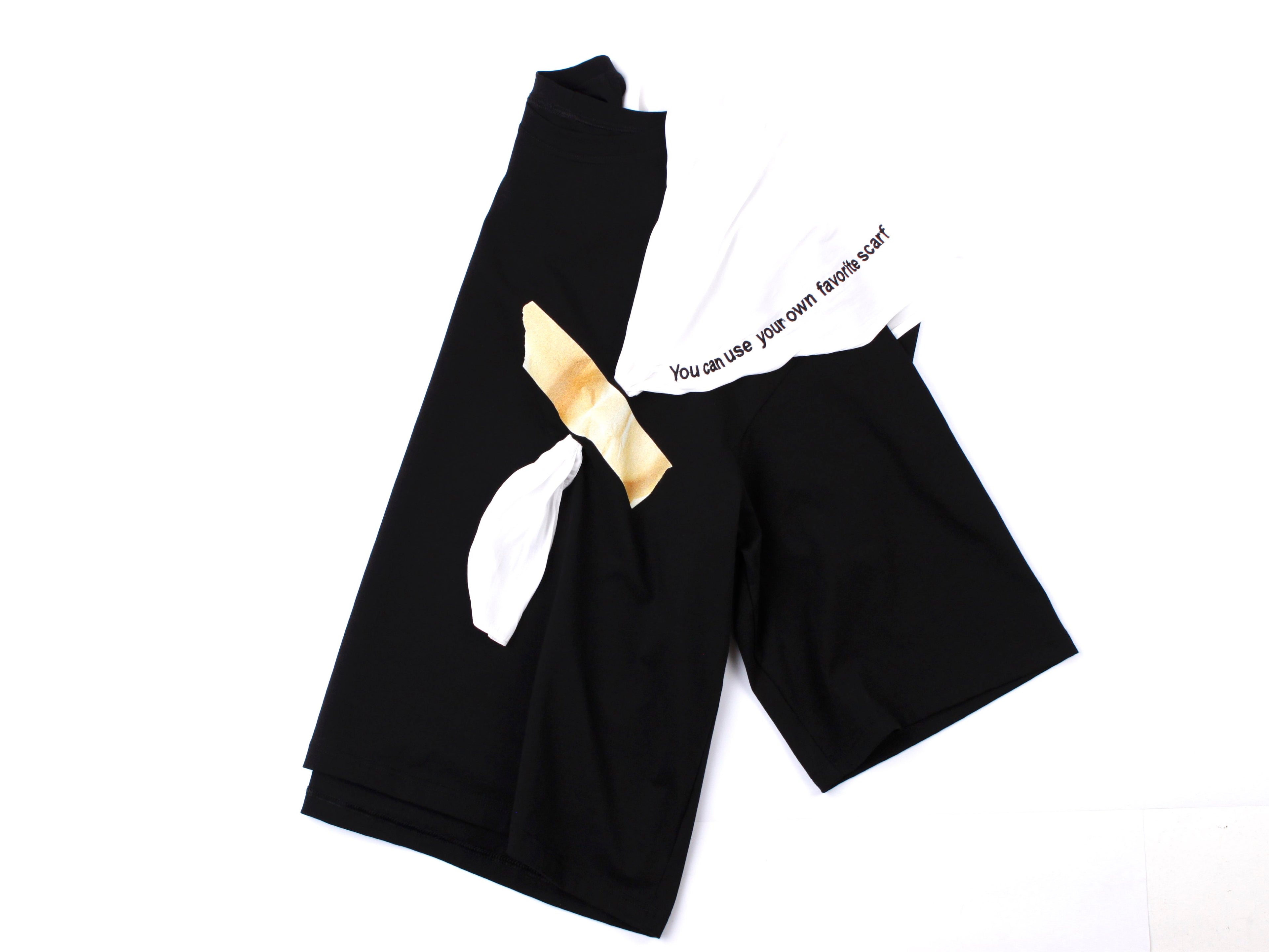 Black t-shirt with a taped white scarf